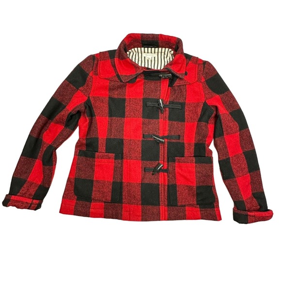 GARNET HILL Women Wool Pea Coat Jacket Sz 6 Buffalo Check Plaid Toggle Close - Picture 3 of 12
